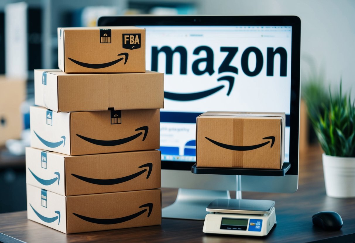 A stack of shipping boxes with the Amazon FBA logo, a computer, and a scale on a desk