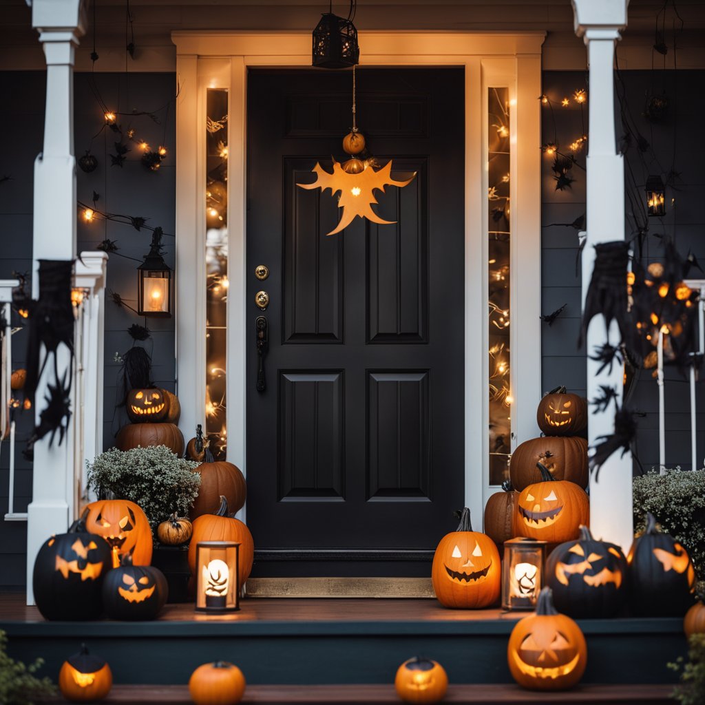 A porch adorned with carved pumpkins, hanging bats, and glowing lanterns. A witch's broom leans against the door, surrounded by spider webs and eerie decorations