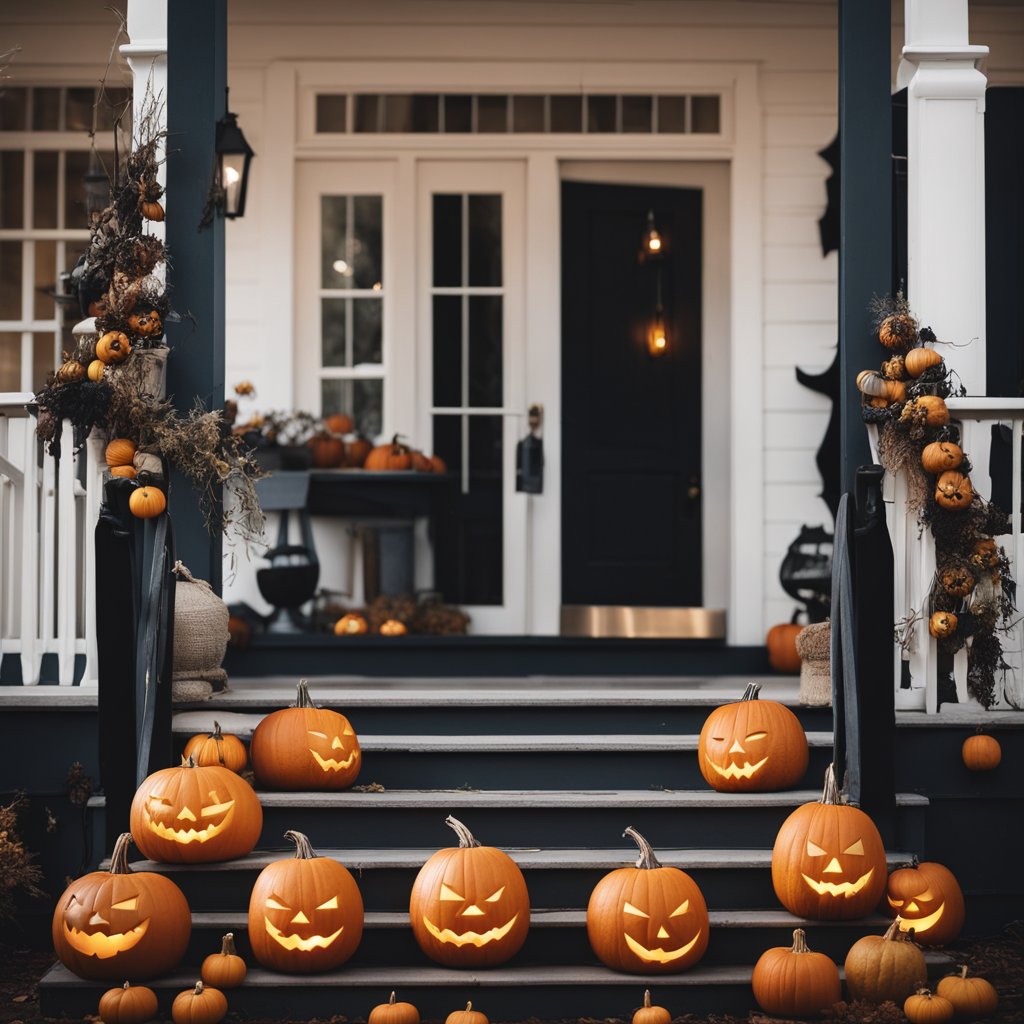 A porch adorned with carved pumpkins, spider webs, and eerie lighting. A witch's cauldron bubbling with dry ice smoke adds an ominous touch