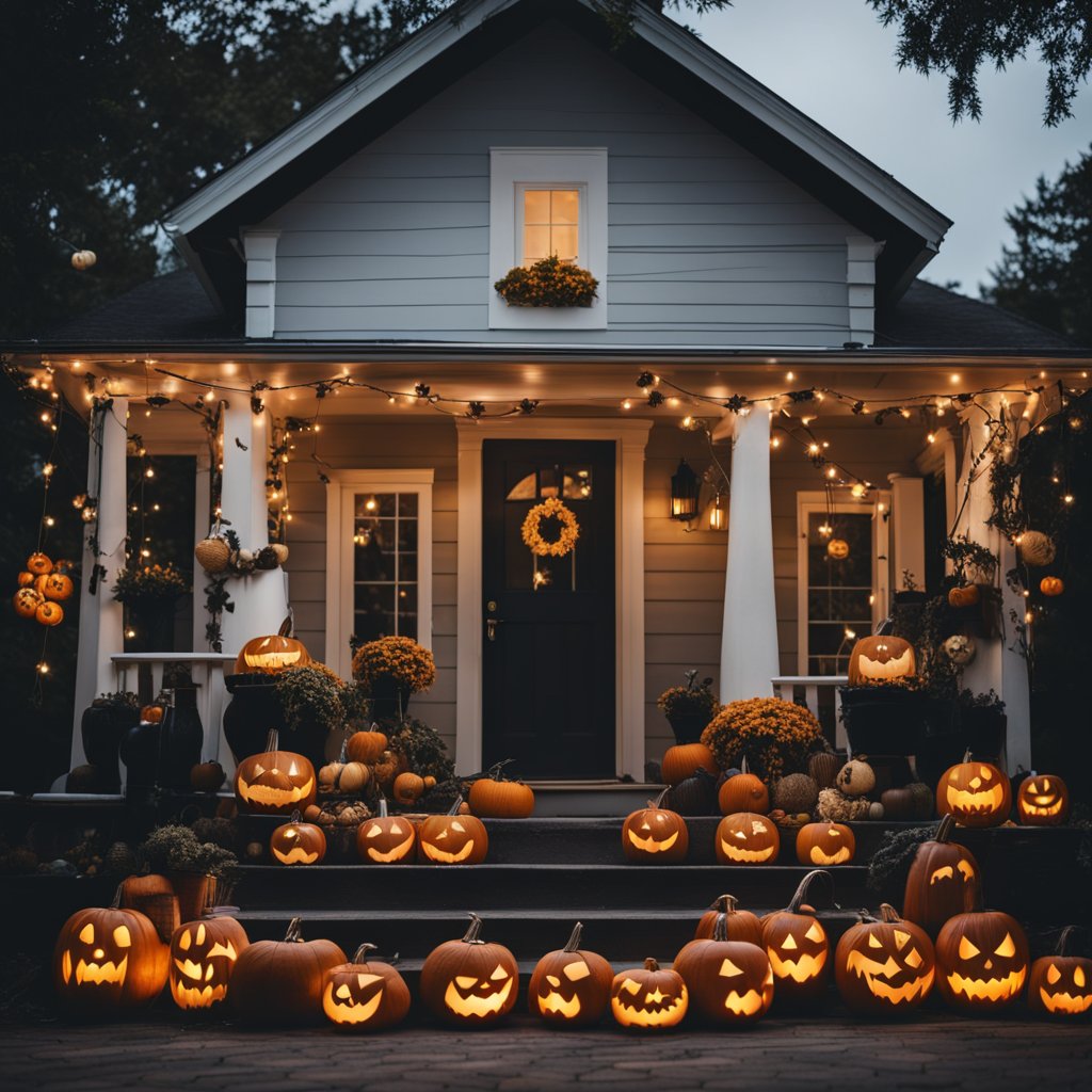 A porch adorned with carved pumpkins, string lights, and spooky DIY decorations for Halloween