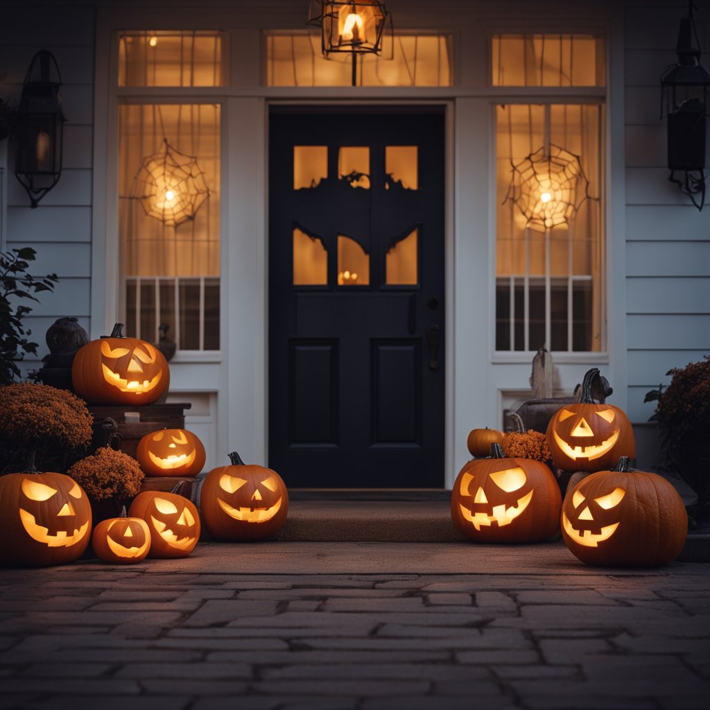 A spooky Halloween porch adorned with jack-o-lanterns, cobwebs, and eerie lighting