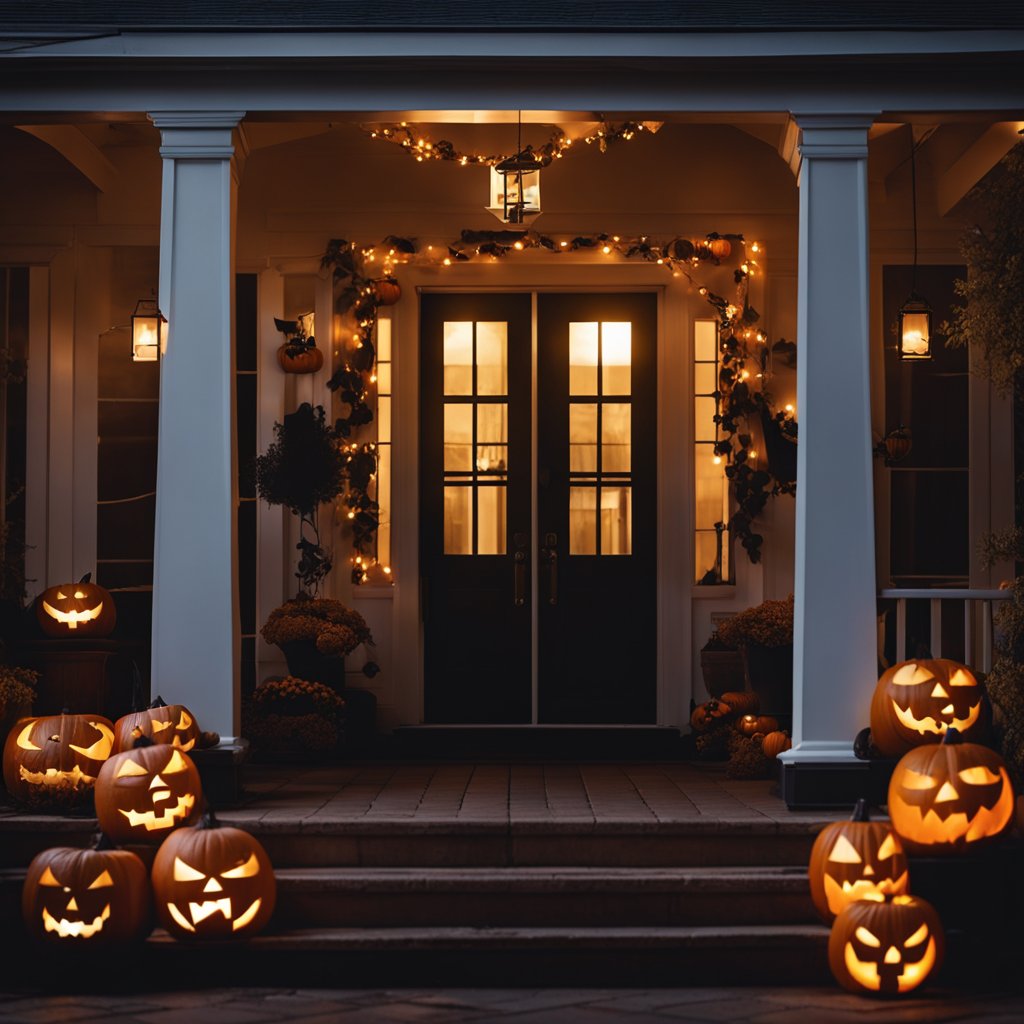 A dimly lit porch adorned with flickering jack-o-lanterns, casting eerie shadows and creating a spooky atmosphere for Halloween