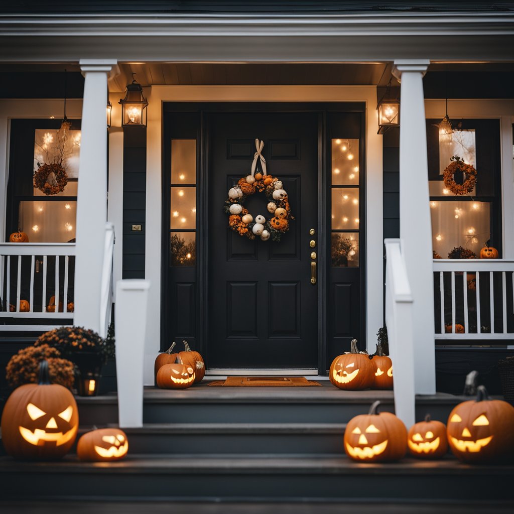 A porch adorned with carved pumpkins, string lights, and spooky decorations. A DIY Halloween wreath hangs on the door, and a fog machine adds an eerie atmosphere