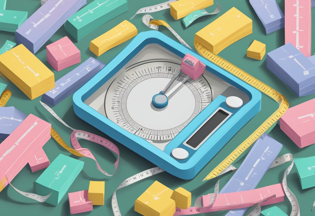 Een weegschaal omringd door verspreide meetlinten en een stapel ongemarkeerde doelen