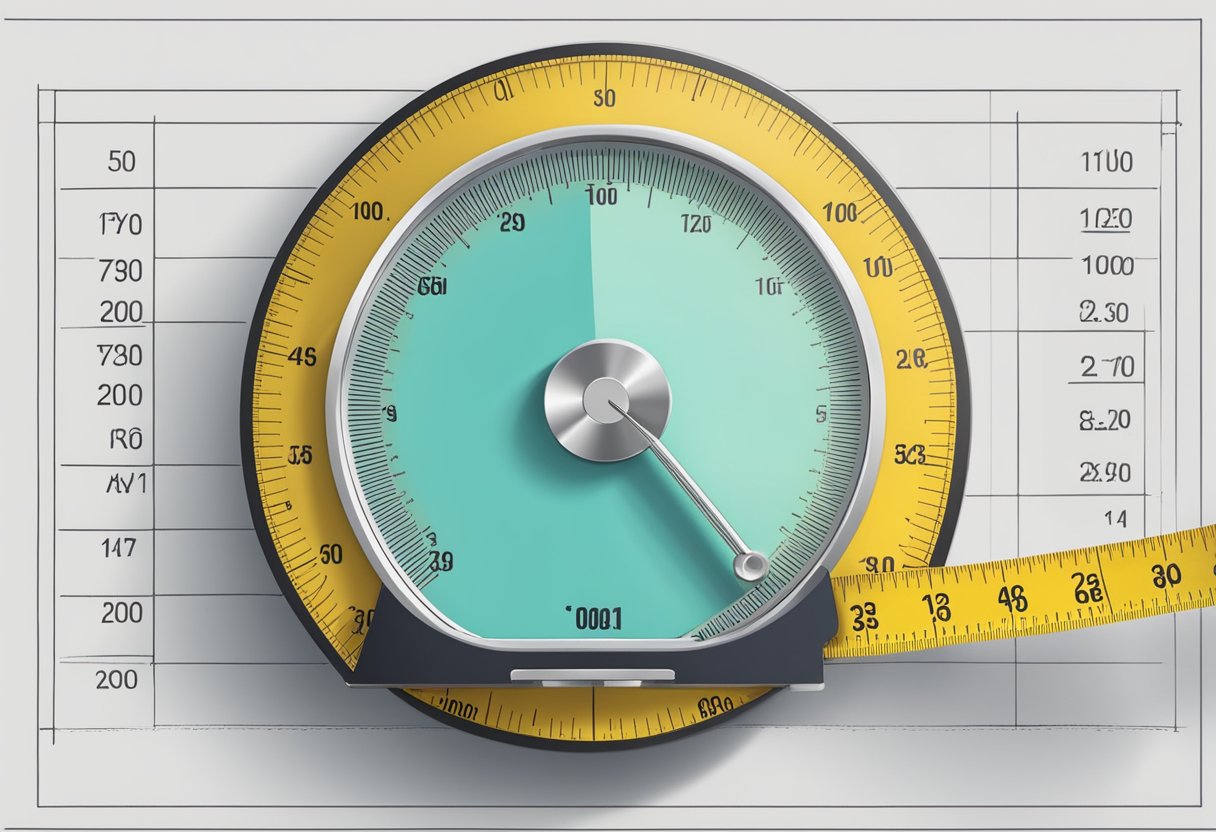 Een weegschaal omringd door een meetlint en een grafiek