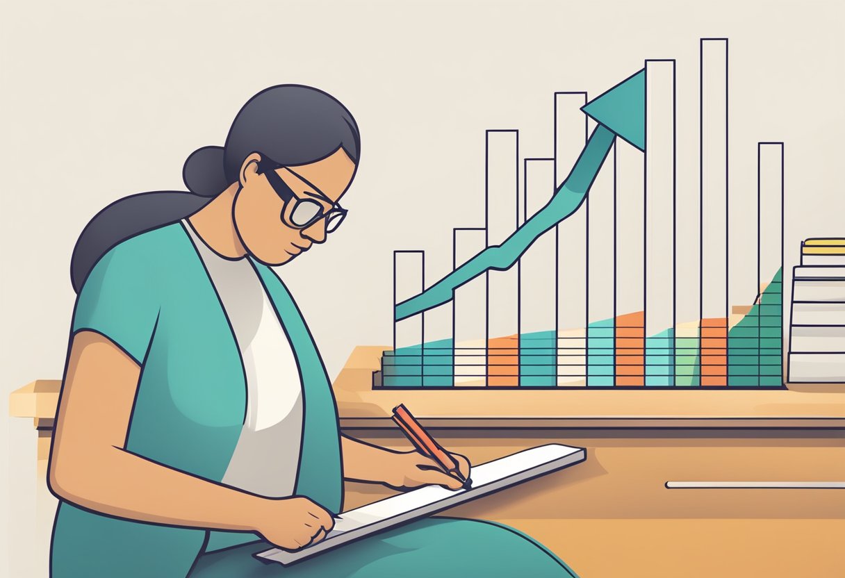 Een persoon die een liniaal gebruikt om een grafiek te meten die de voortgang in de loop van de tijd toont.