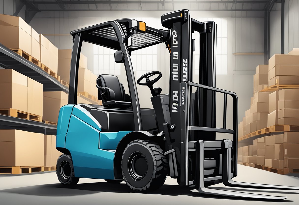 A Toyota forklift from a specific year is parked in a warehouse, with its serial number clearly visible on the side