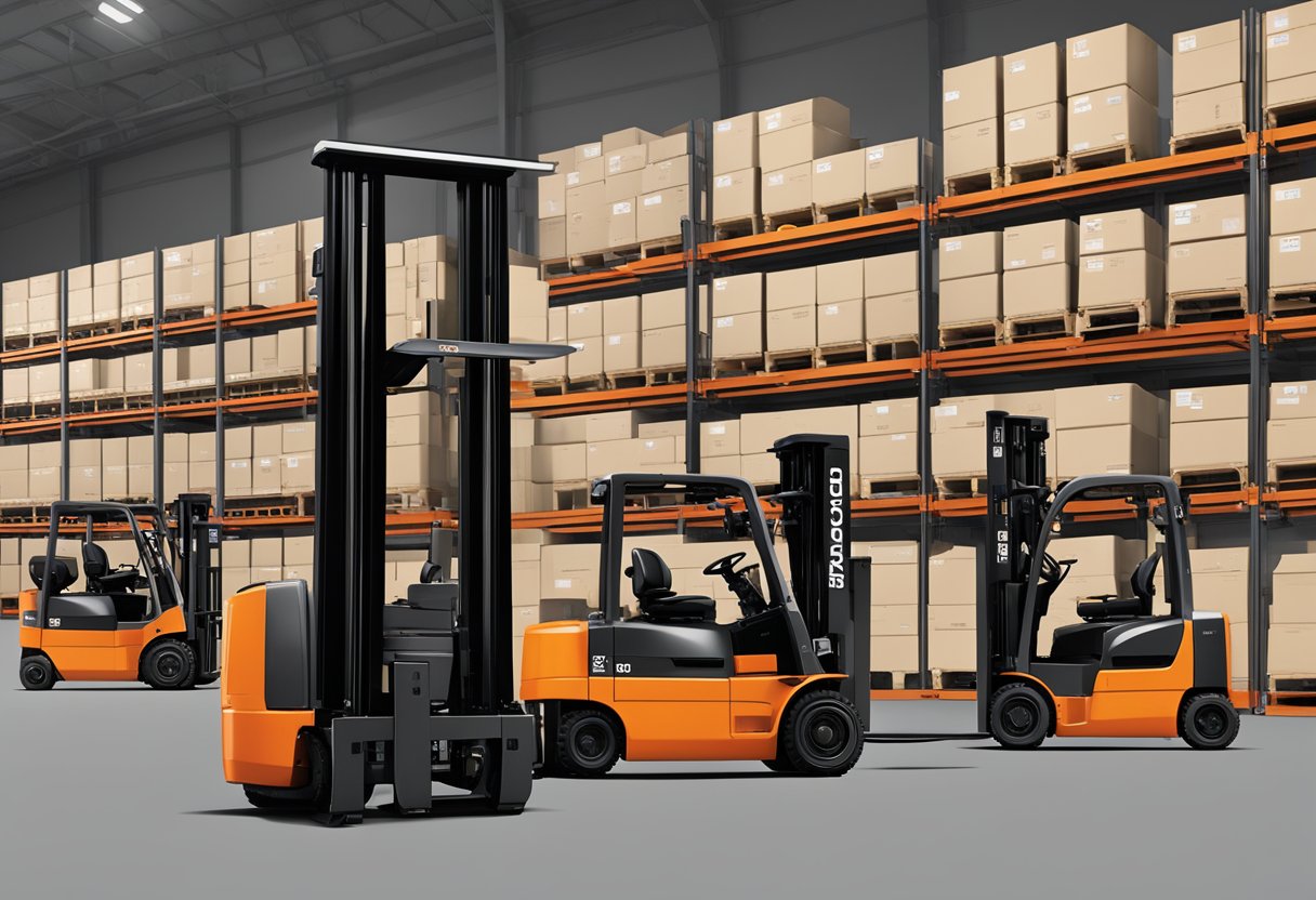 A lineup of Toyota forklifts, each bearing a distinct serial number, parked in a warehouse setting