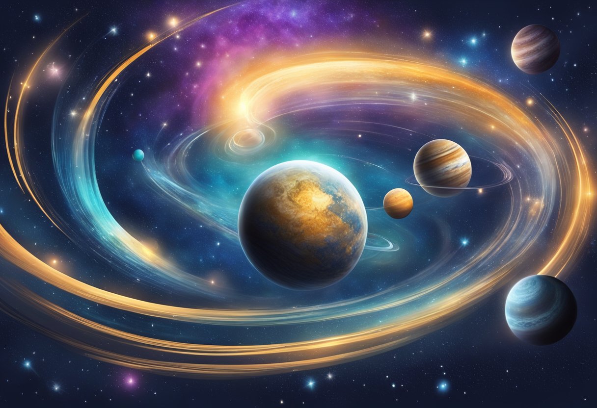 A swirling galaxy with orbiting planets and shooting stars