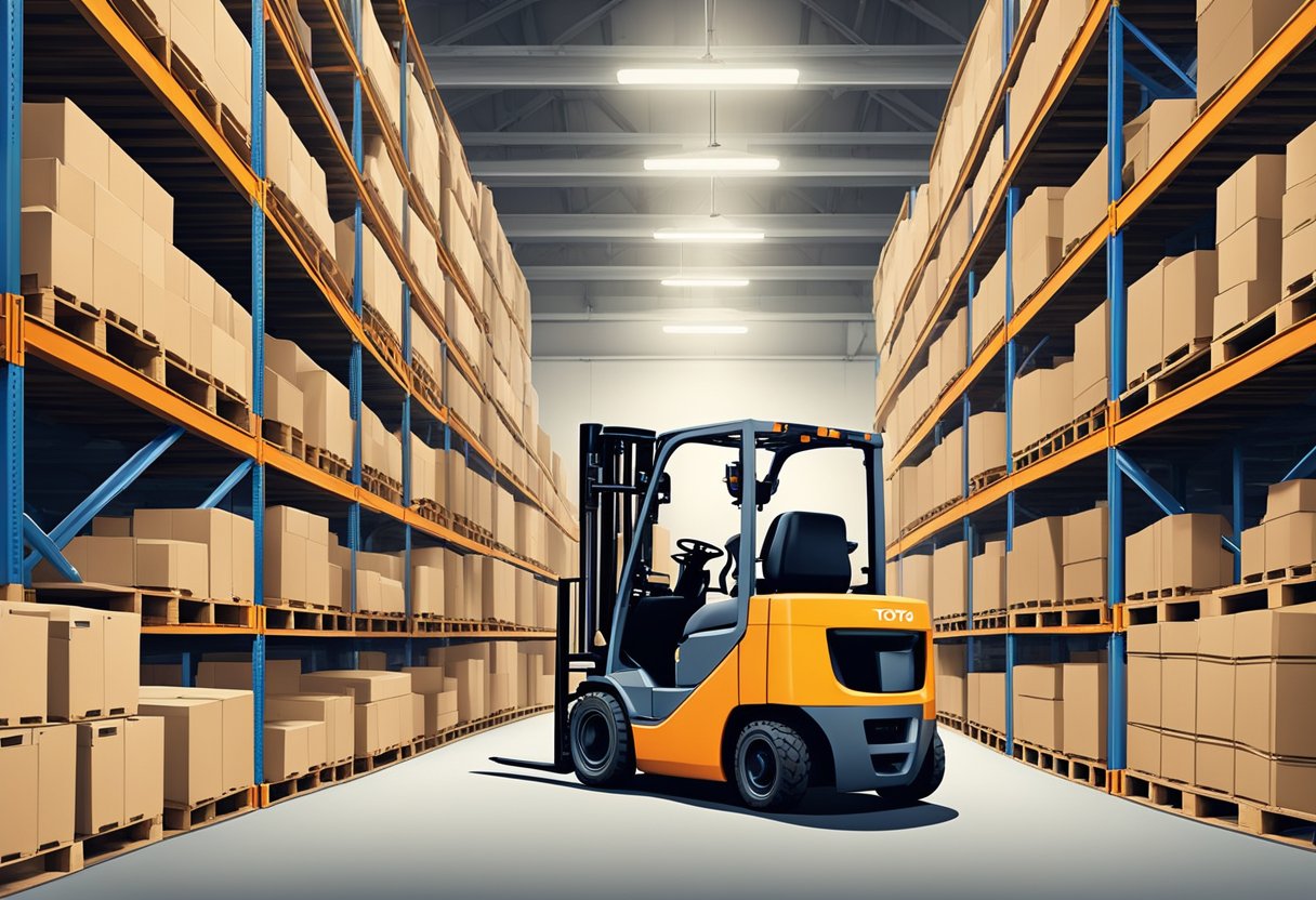 A Toyota forklift parked in a warehouse, surrounded by stacks of pallets and industrial equipment