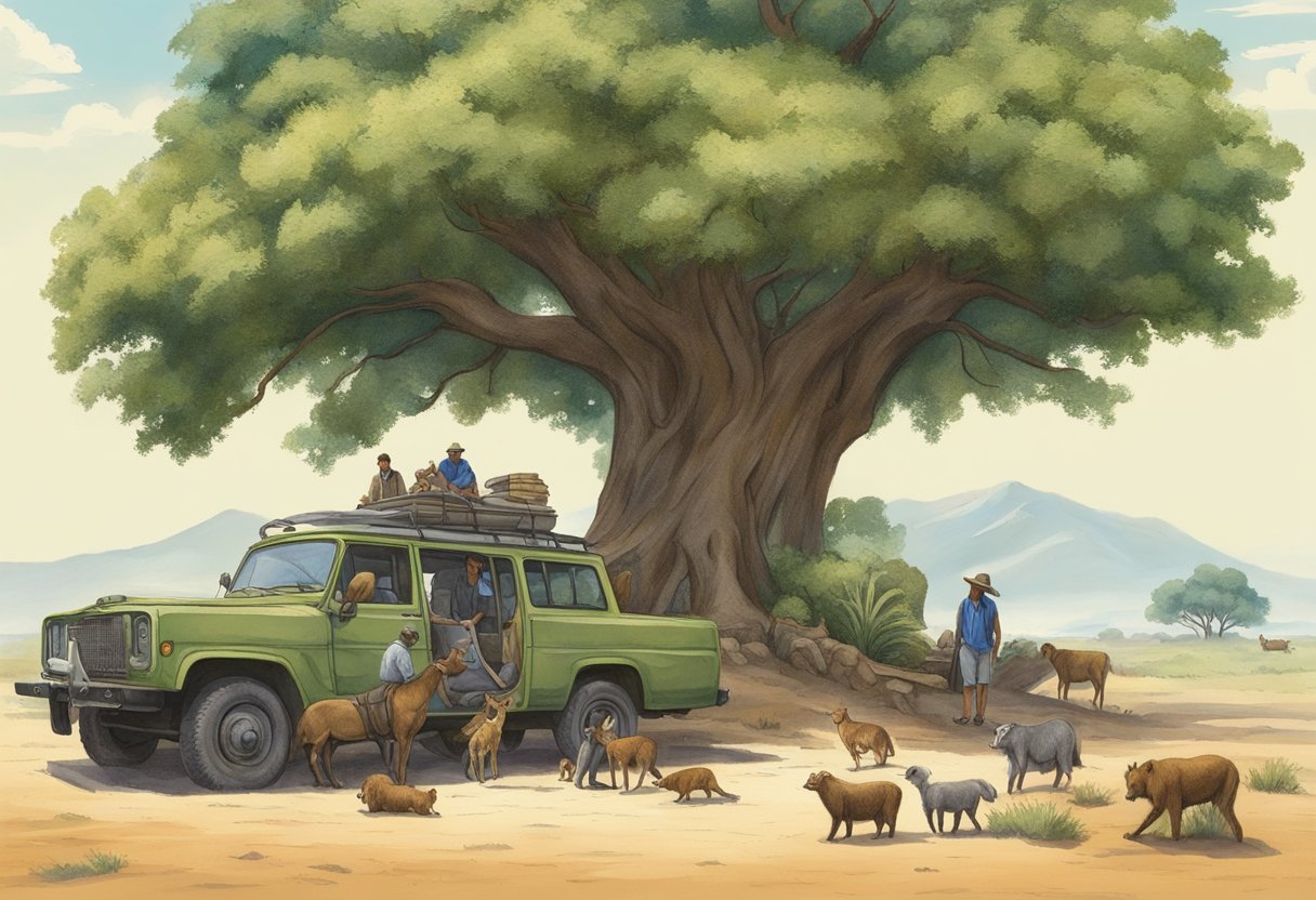 A tree providing shade for a weary traveler while animals peacefully coexist nearby