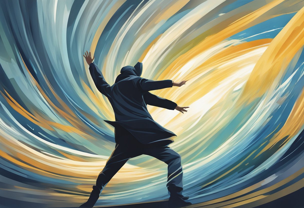 A figure reaching towards the sky, surrounded by a whirlwind of movement and energy