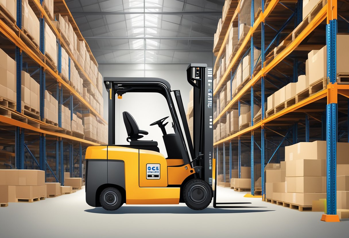 A forklift with a certification sticker displayed prominently on the front, surrounded by a warehouse setting with shelves and pallets