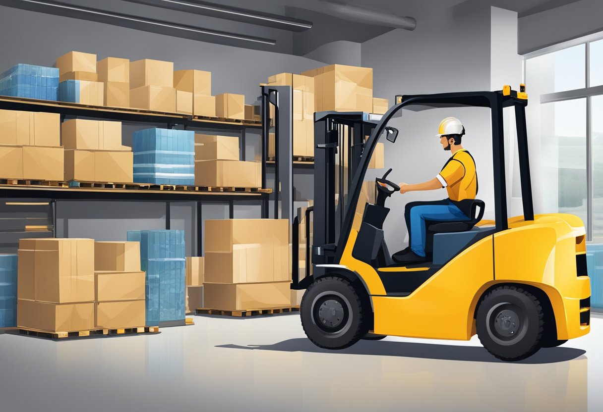 A forklift operator receiving certification from a trainer, with a certificate displayed on a wall, surrounded by safety equipment and manuals