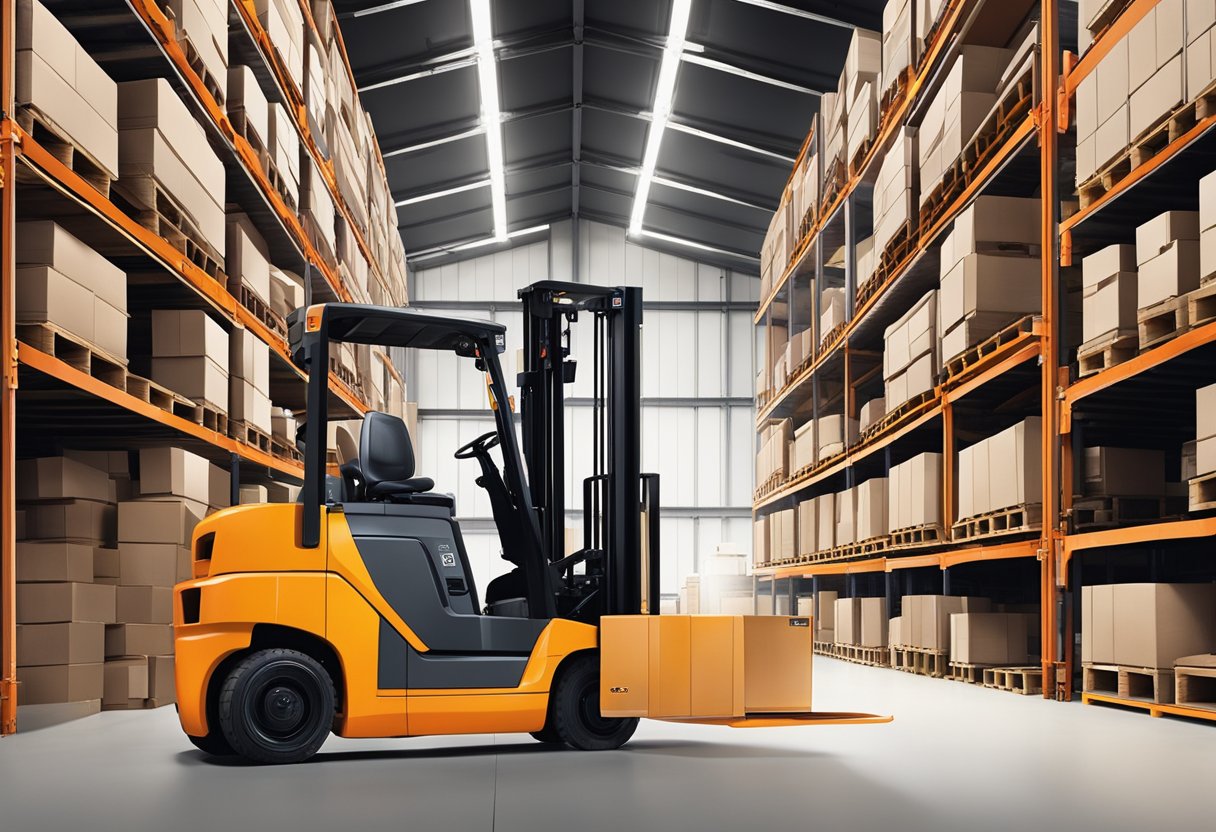 A Toyota forklift seat in a warehouse setting, surrounded by pallets and industrial equipment