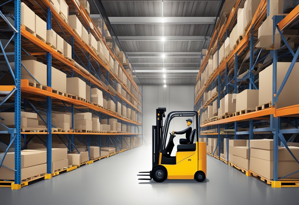 A forklift seat suspended in mid-air, surrounded by warehouse shelves and equipment