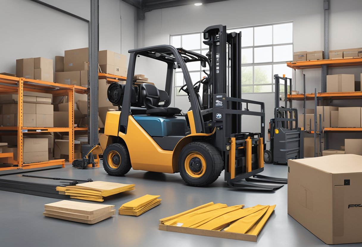 A forklift seat being installed in a Toyota 53720-U224171, surrounded by tools and equipment for support and logistics