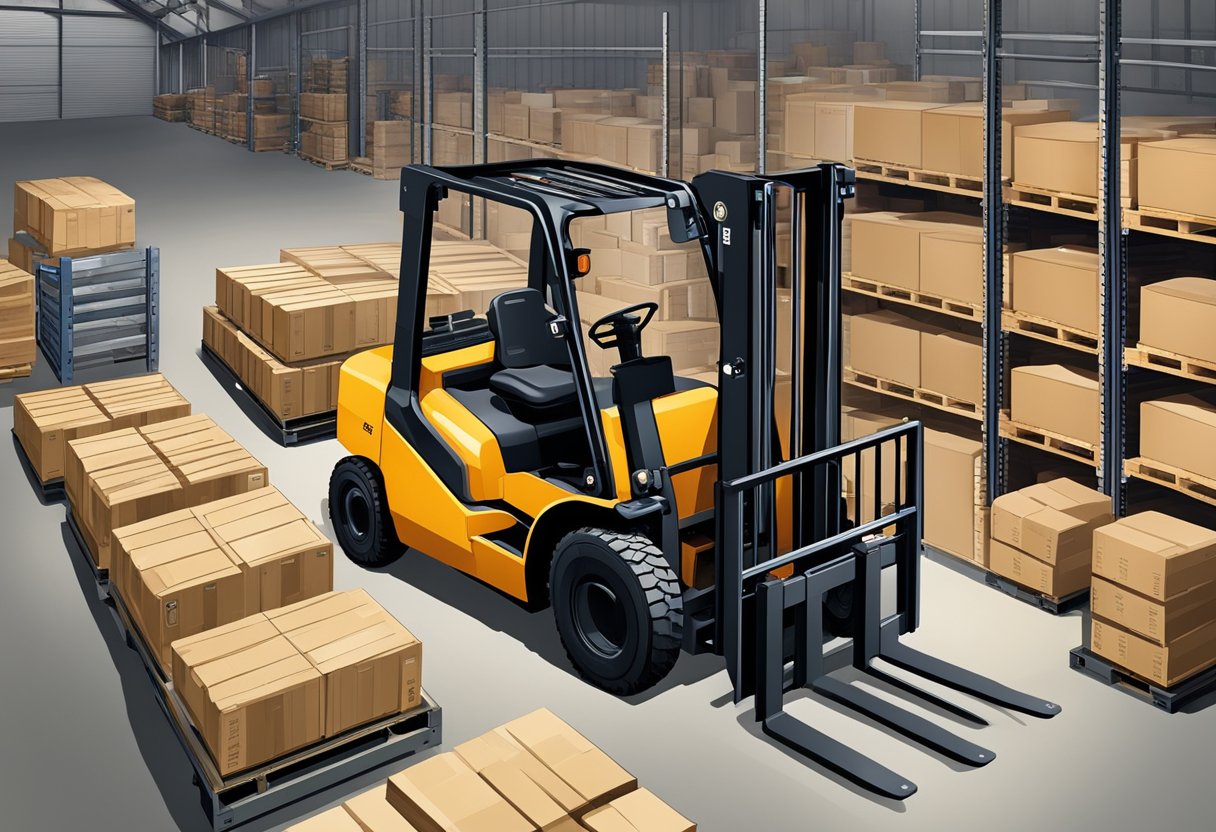 A nissan K21 forklift engine in a warehouse setting, surrounded by crates and industrial equipment