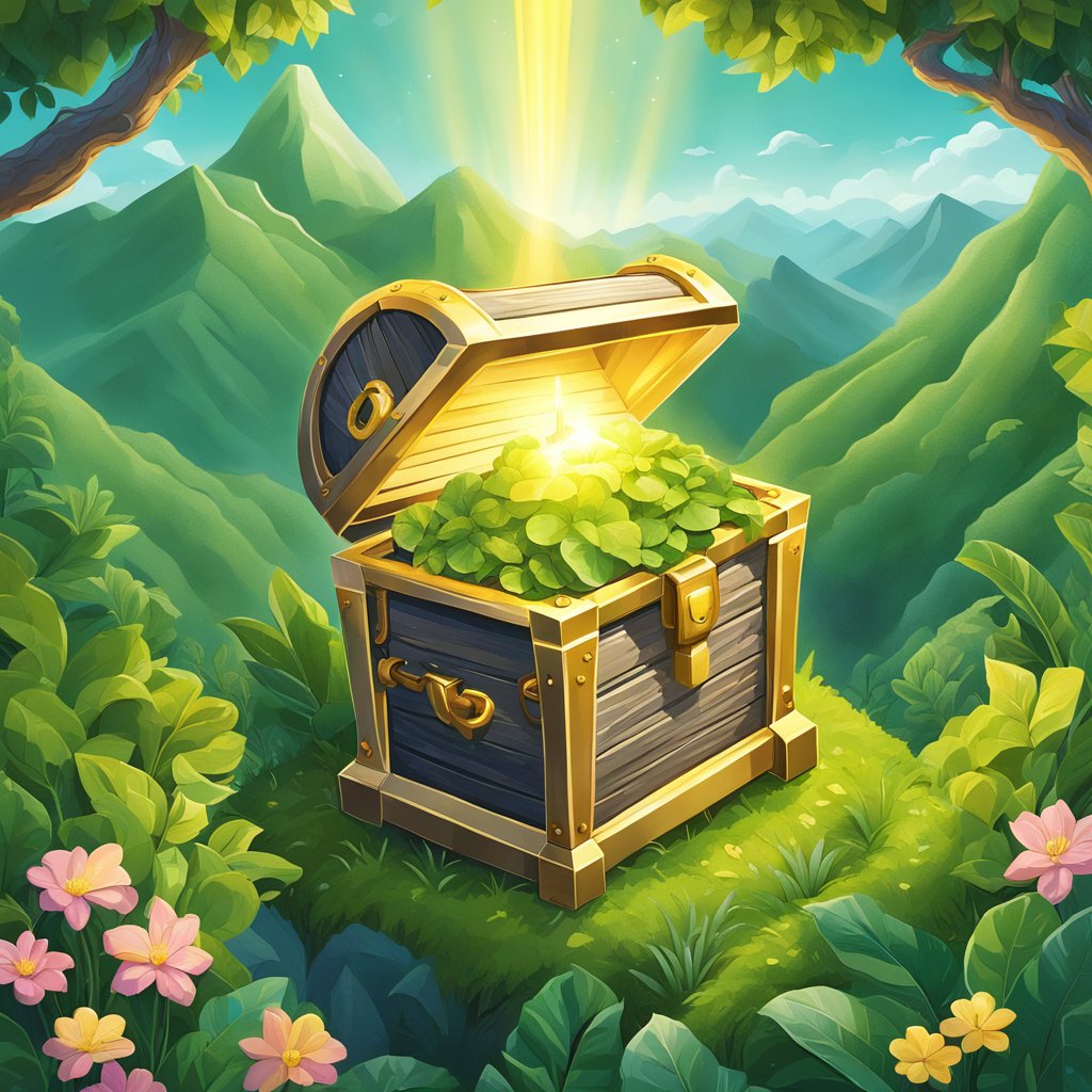 A treasure chest sits atop a mountain peak, surrounded by lush greenery and sparkling with golden light. A beam of light from the sky illuminates the chest, drawing attention to its hidden contents