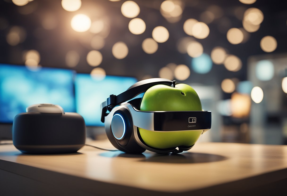 An apple wearing a virtual reality headset, immersed in a gaming world