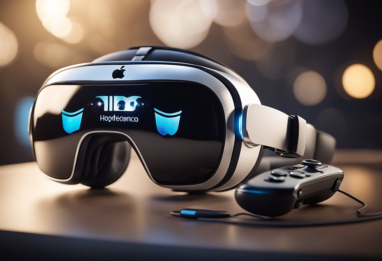 A sleek, futuristic headset with the Apple logo hovers above a virtual landscape, surrounded by gaming controllers and immersive VR experiences