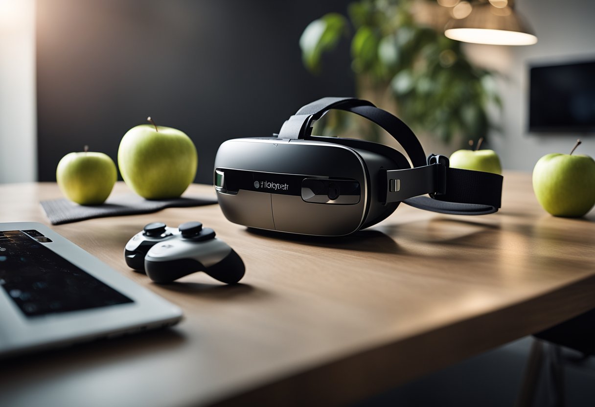 An Apple virtual reality headset immersed in a gaming environment with interconnected Apple devices