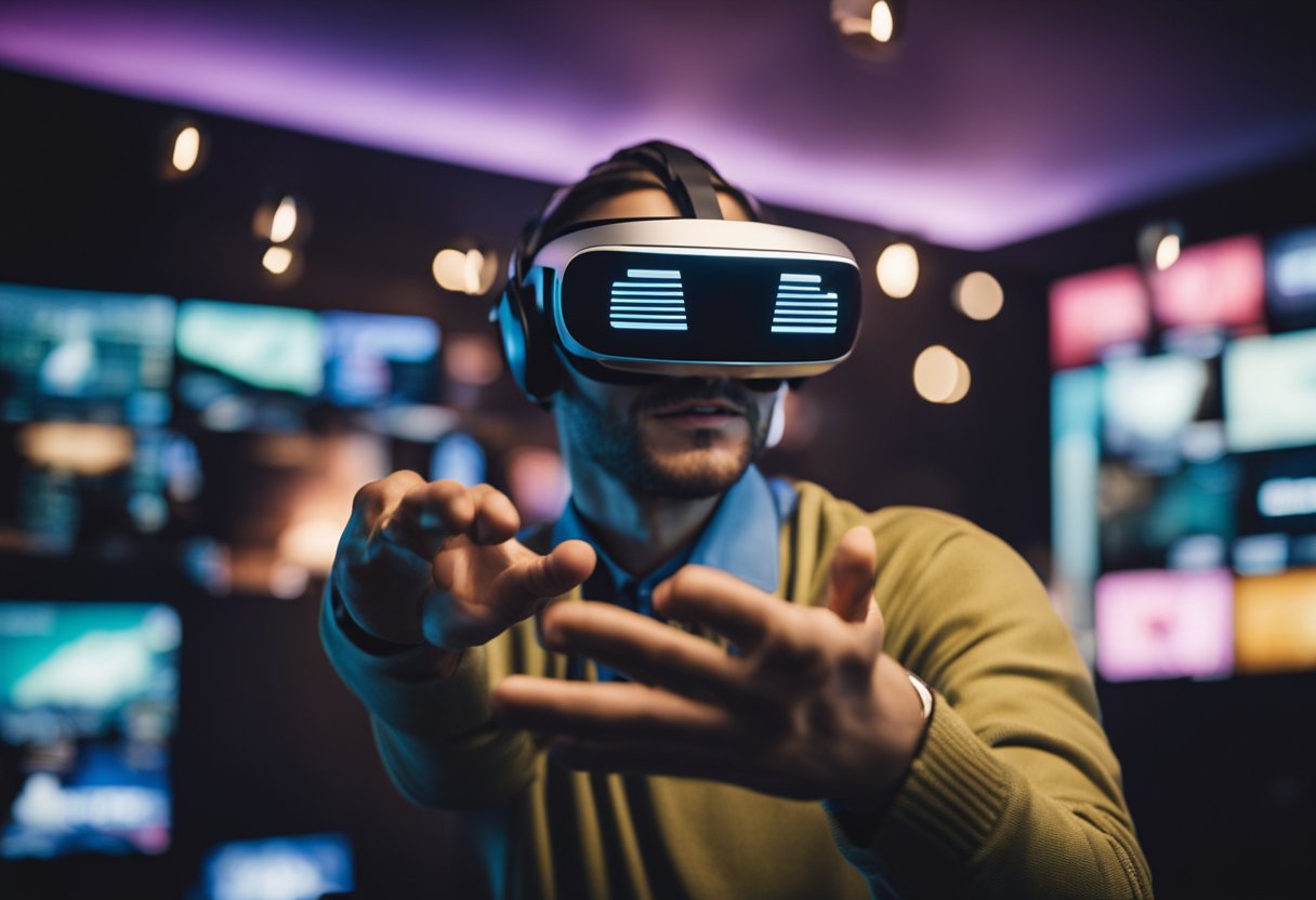 A person wearing a virtual reality headset reaches out to grab a virtual apple in a gaming environment