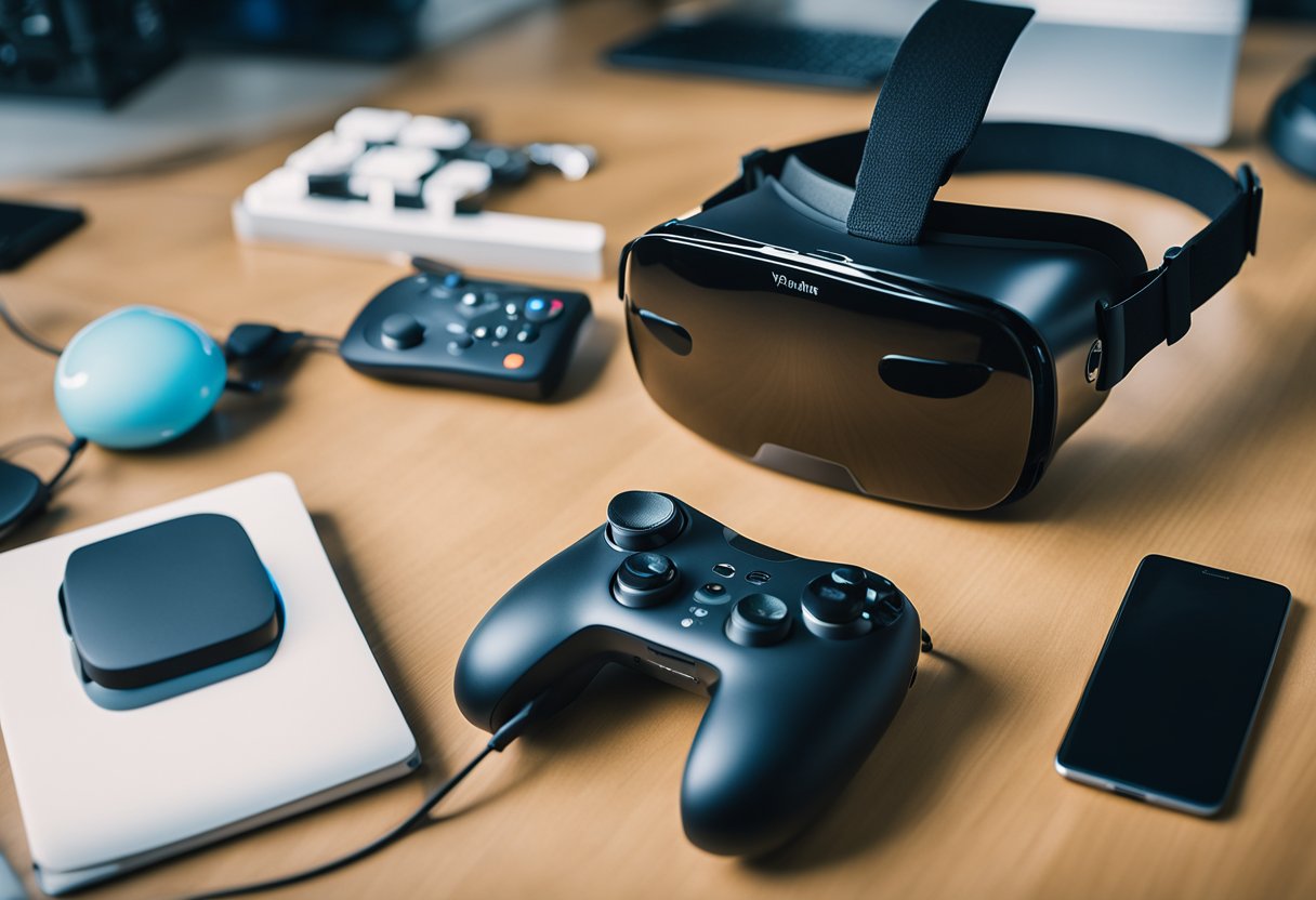 A virtual reality headset with an apple logo sits on a gaming console, surrounded by developer tools and technology