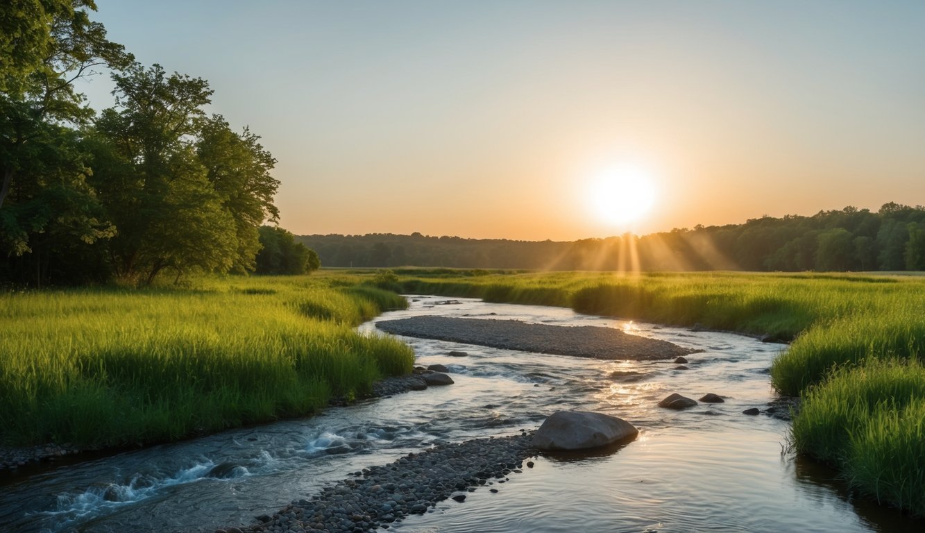 A serene landscape with elements of nature, such as a flowing river, lush greenery, and a glowing sun, representing the interconnectedness of holistic wellness approaches