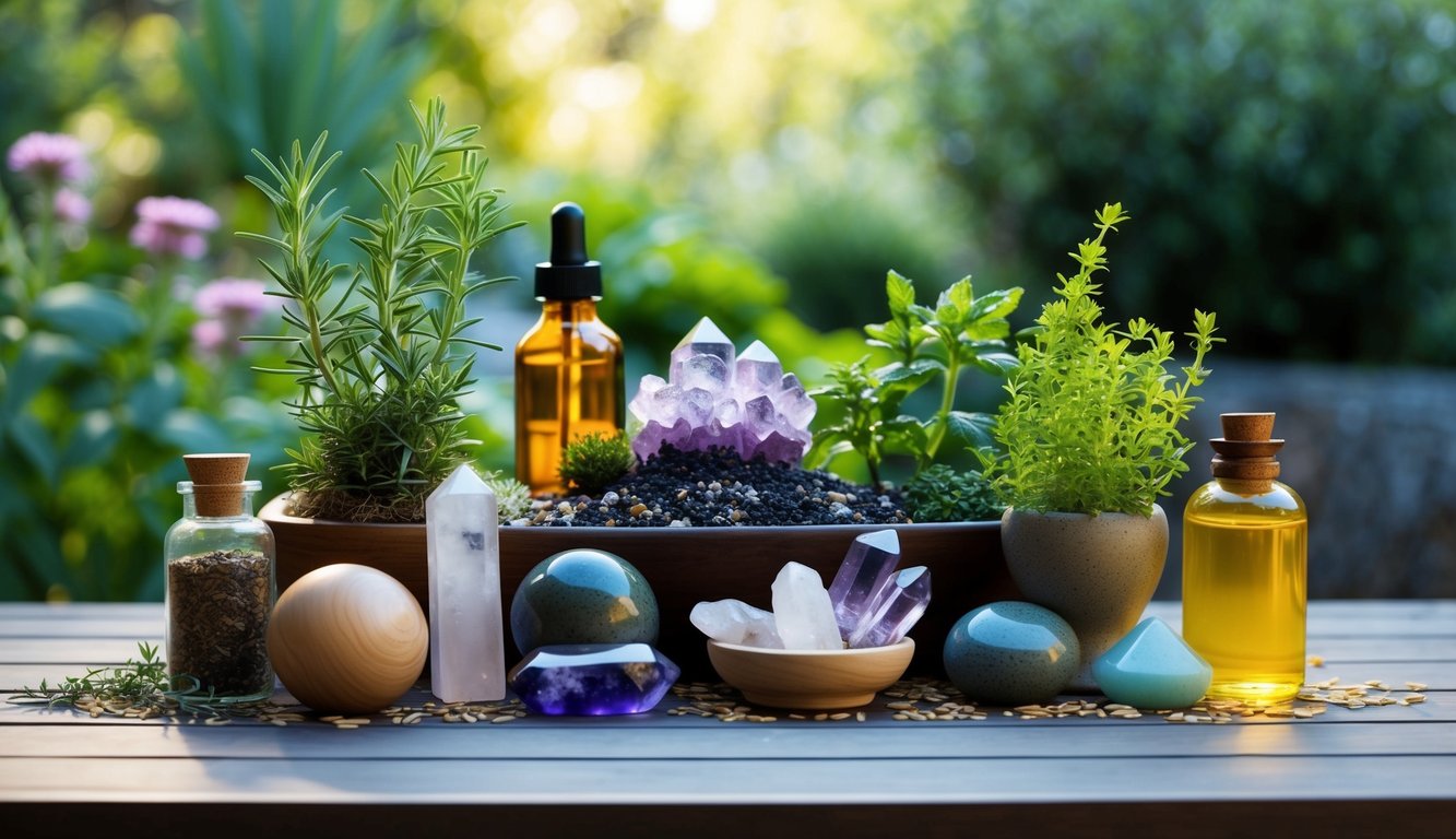 A tranquil garden with herbs, crystals, and natural elements arranged in a harmonious display, evoking the historical evolution of holistic healing