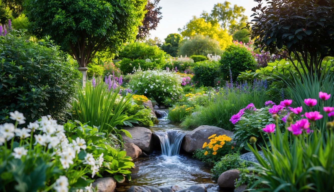 A serene garden with a flowing stream, lush greenery, and a variety of blooming flowers, surrounded by peaceful, natural elements