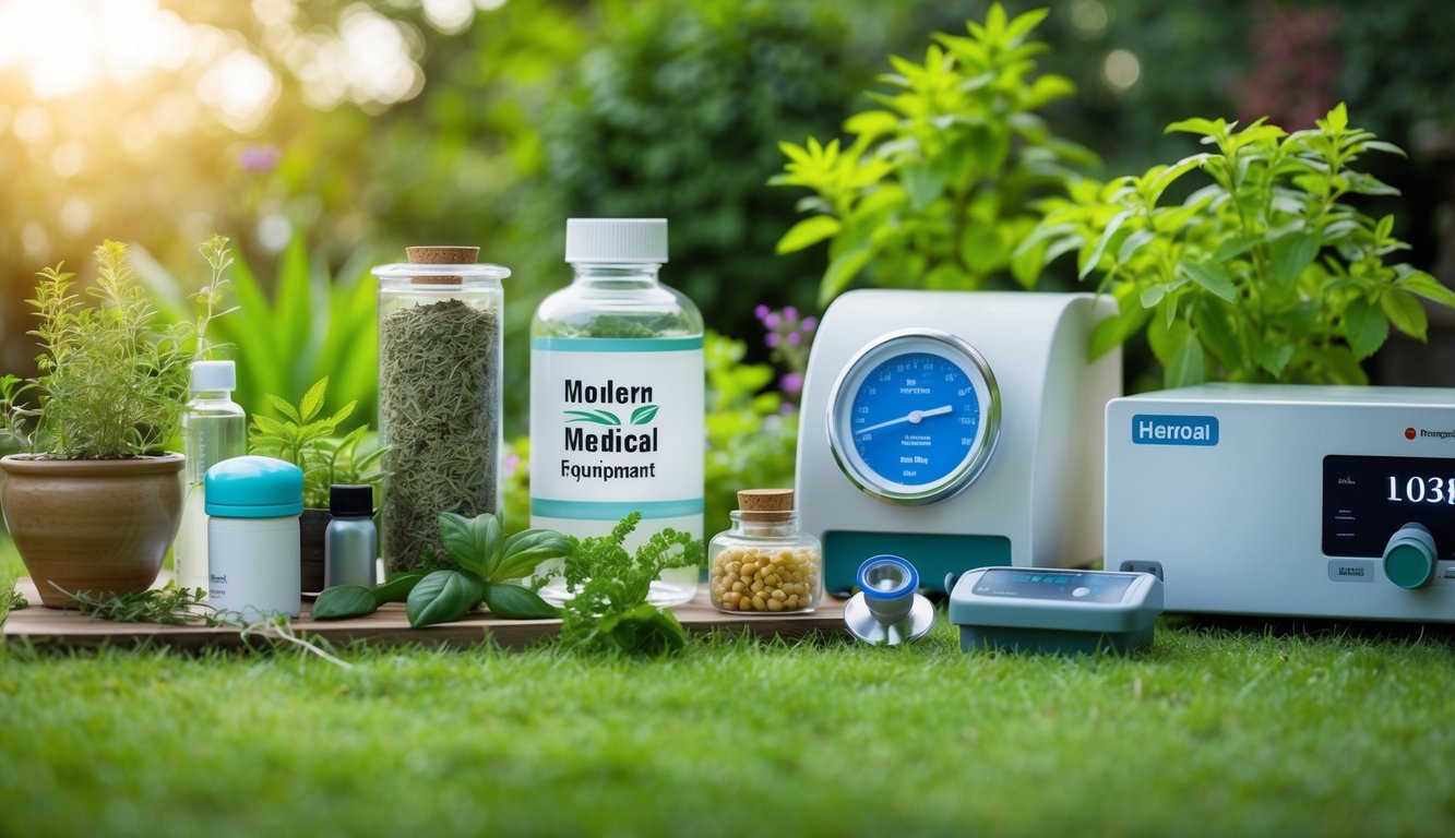 A serene garden with traditional herbs and modern medical equipment blending seamlessly in a tranquil setting