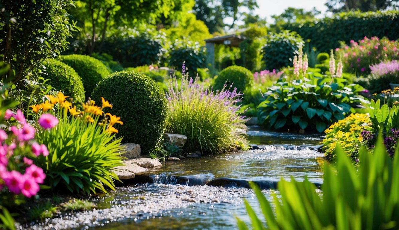 A tranquil garden with a flowing stream, surrounded by lush greenery and vibrant flowers, with a sense of calm and balance