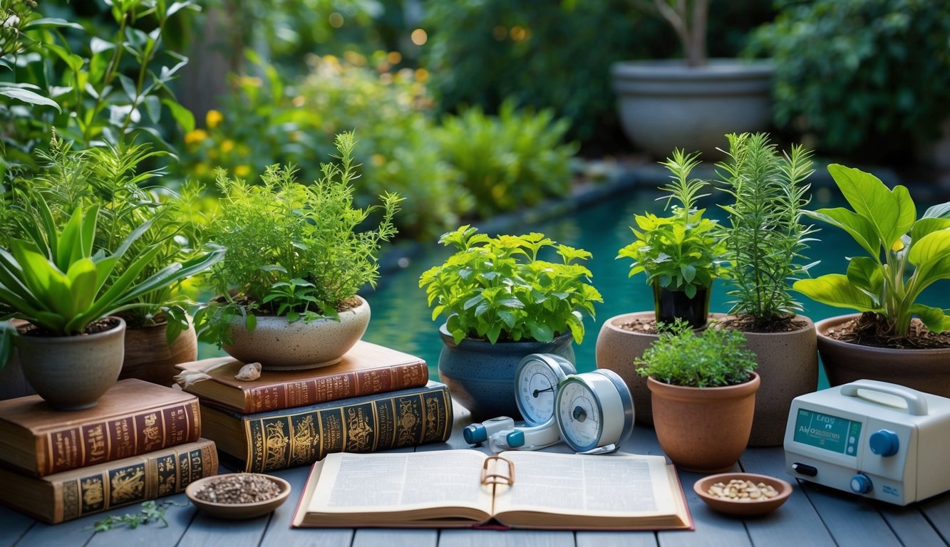 A tranquil garden with diverse plants and herbs, surrounded by ancient texts and modern medical equipment, symbolizing the historical evolution of holistic healing