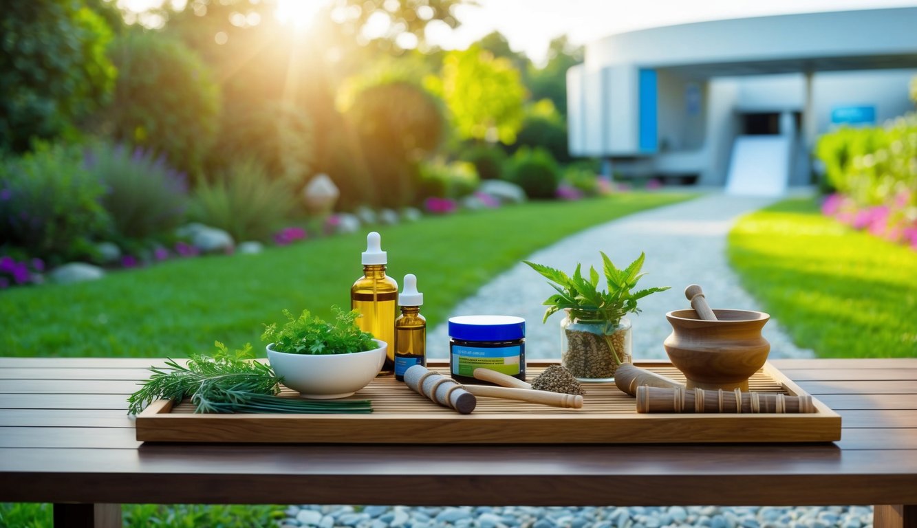 A serene garden with traditional herbs, modern medicine, and ancient healing tools displayed on a wooden table. A pathway leads to a futuristic medical facility in the background