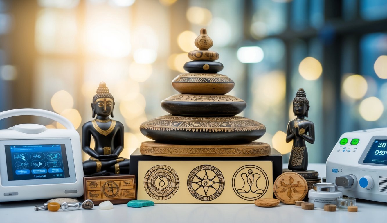 A collection of ancient artifacts and symbols representing holistic healing, surrounded by modern medical equipment and technology