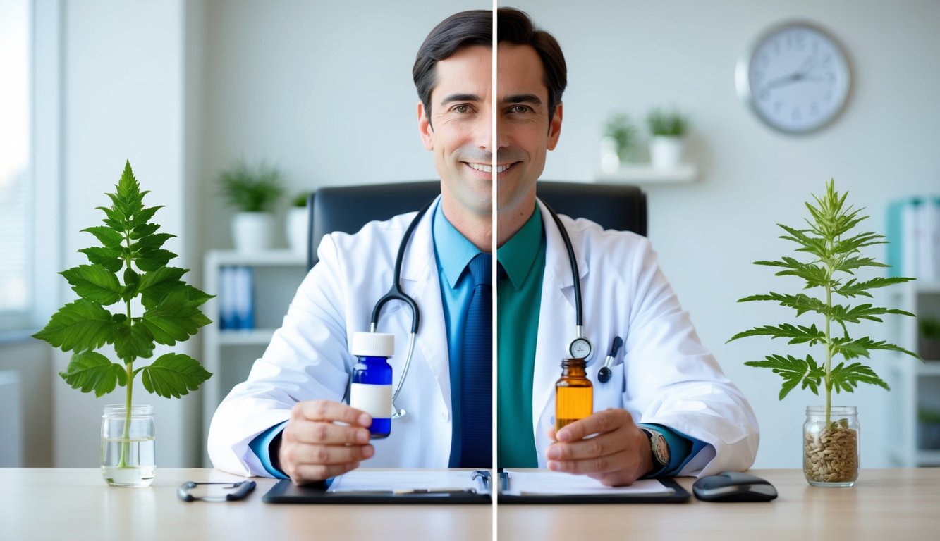 A doctor sitting at a desk, with a split image of a pill bottle and a natural herb plant on either side, representing the differences between conventional and holistic medicine