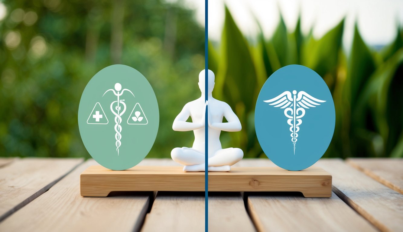 A serene, natural setting with a split image showing holistic and conventional medical symbols and treatments side by side