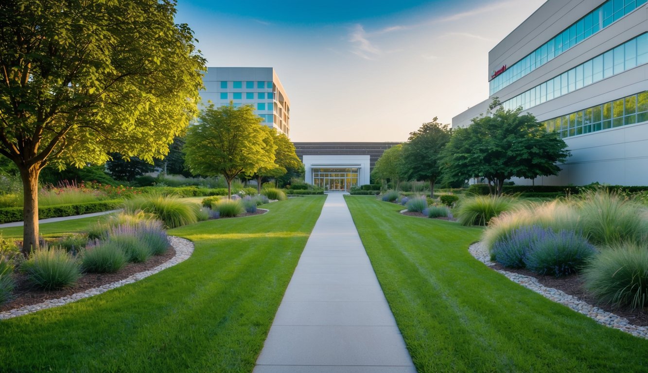 A peaceful garden with a split path, one side leading to a modern hospital and the other to a serene holistic healing center