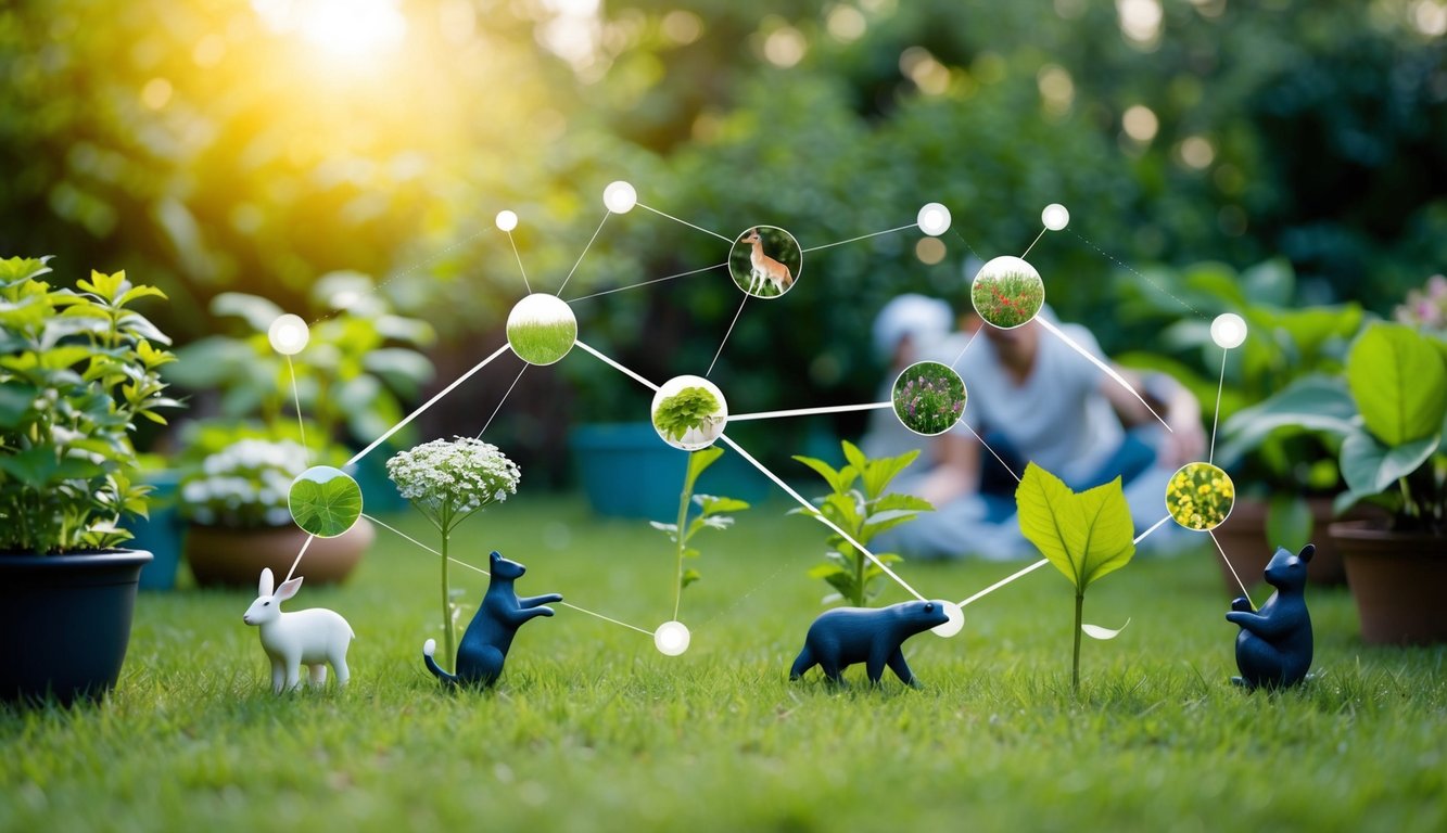 A serene garden with interconnected elements: plants, animals, and humans in harmony. The scene evokes a sense of balance and interconnectedness