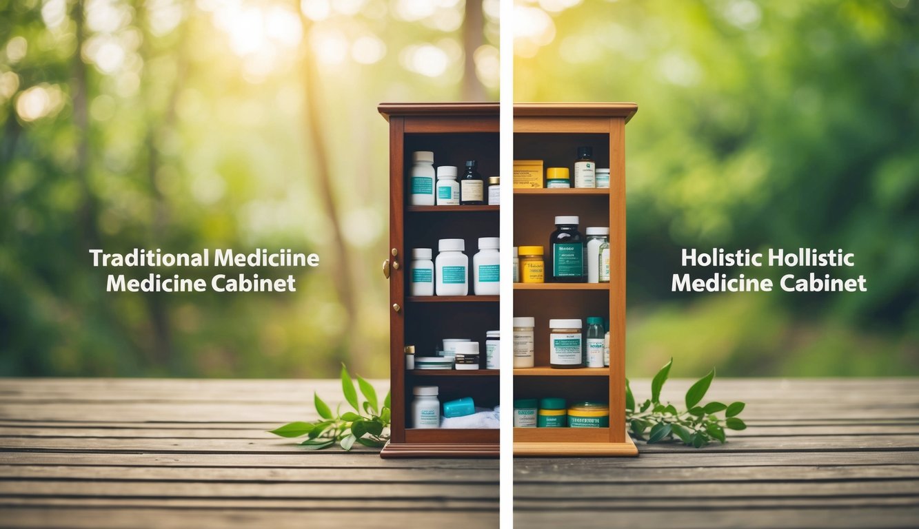 A serene, natural setting with a split image of a traditional medicine cabinet on one side and a holistic medicine cabinet on the other, symbolizing the key differences between the two approaches