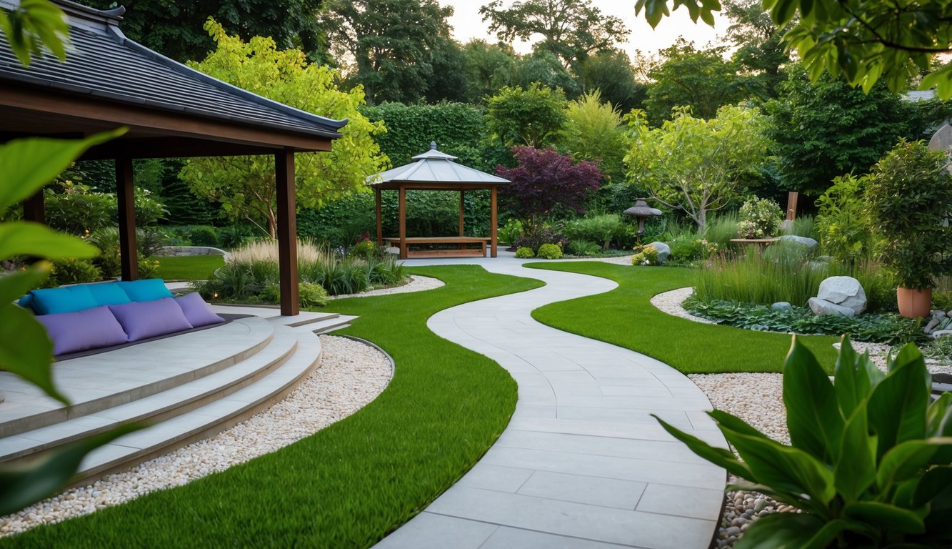 A serene garden with intertwining paths connecting a yoga studio, acupuncture clinic, herbal medicine garden, and meditation area