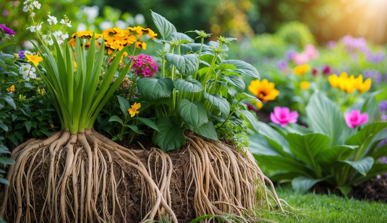 A serene garden with intertwining roots, blooming flowers, and diverse plant life, symbolizing the interconnectedness of holistic healthcare