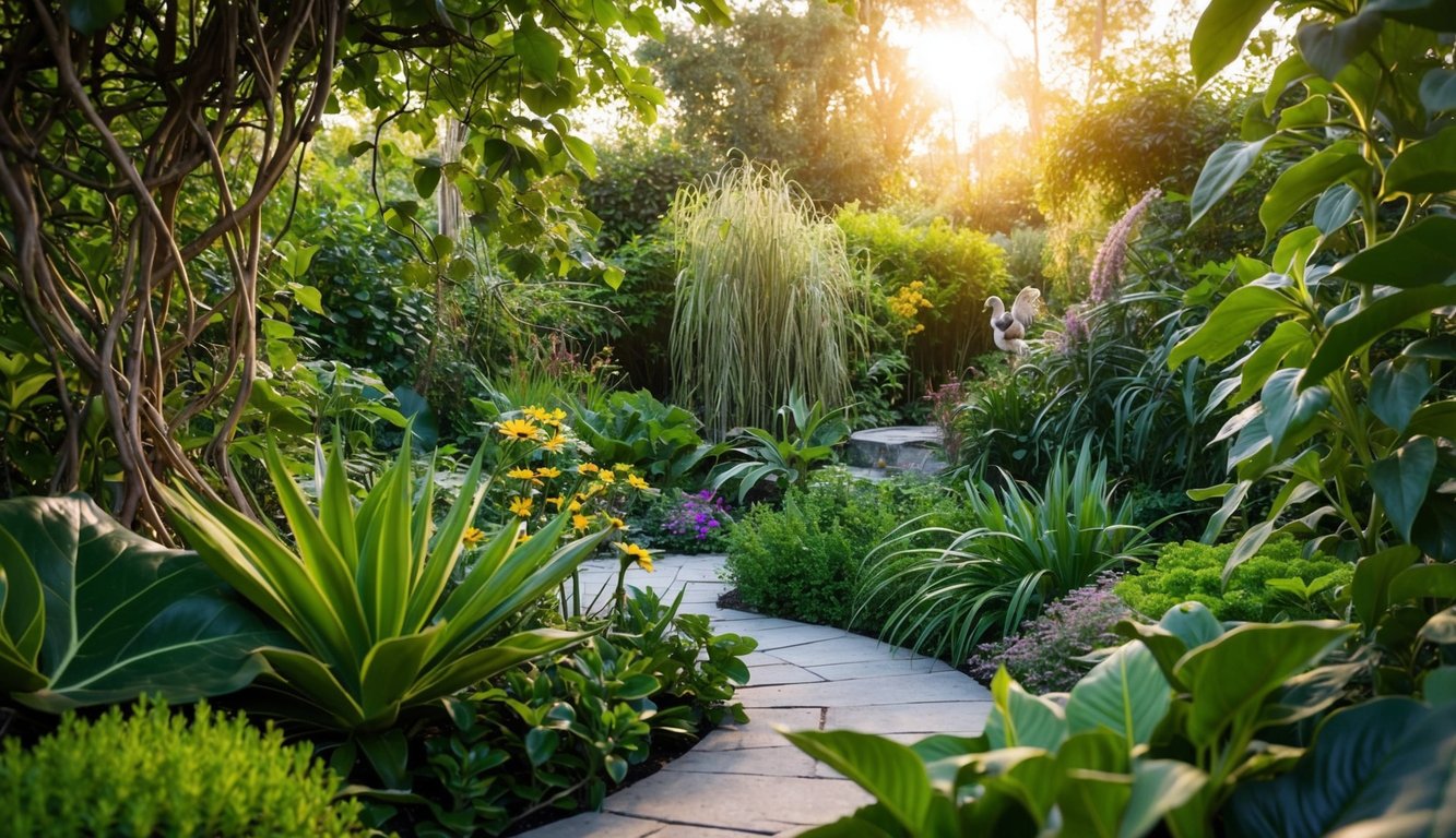 A serene, lush garden with intertwining plants and diverse wildlife, symbolizing the interconnectedness of mind, body, and spirit in holistic philosophy