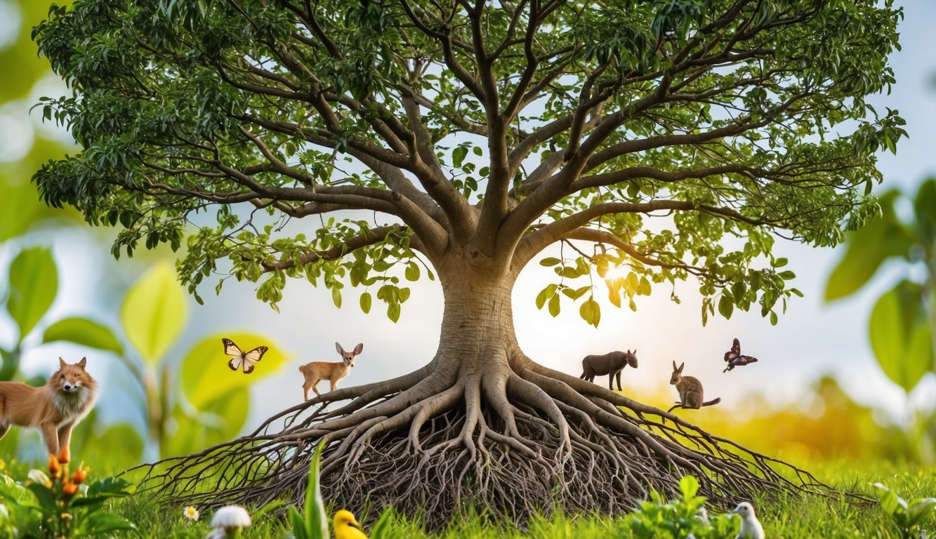 A tree with interconnected roots and branches, surrounded by diverse plants and animals, symbolizing the interconnectedness of all living beings