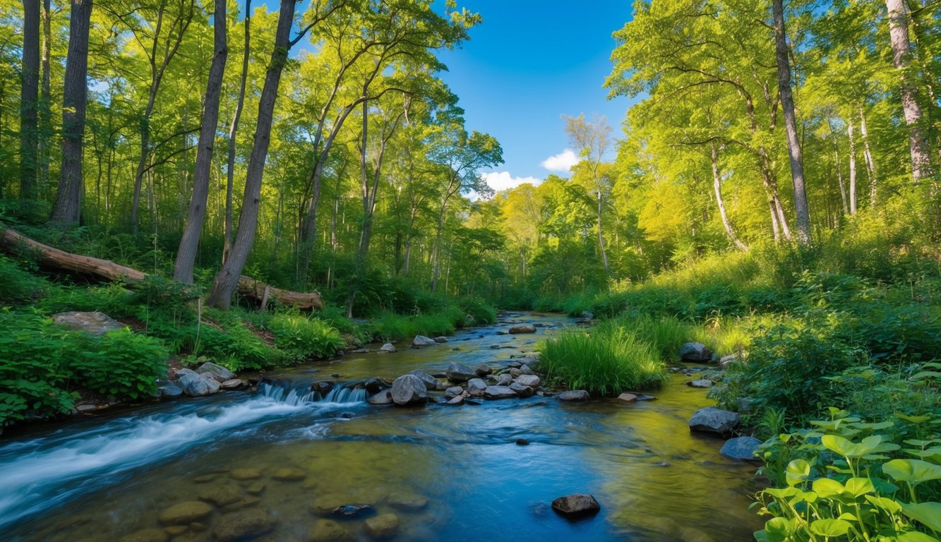 A serene forest with a flowing stream, surrounded by vibrant greenery and diverse wildlife, under a clear blue sky