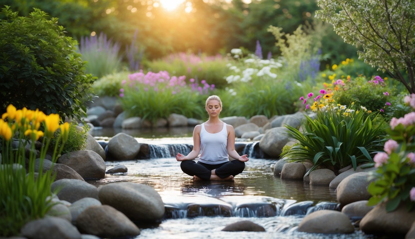 A serene garden with a flowing stream, blooming flowers, and a tranquil meditator surrounded by nature