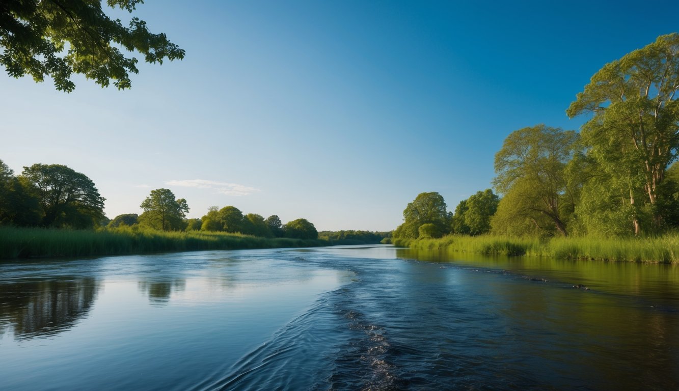 A serene landscape with a calm, flowing river surrounded by lush greenery and a clear blue sky, evoking a sense of peace and interconnectedness