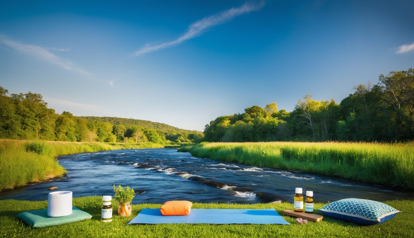 A serene natural landscape with a flowing river, lush greenery, and a clear blue sky, surrounded by symbols of holistic health such as yoga mats, herbal remedies, and meditation cushions