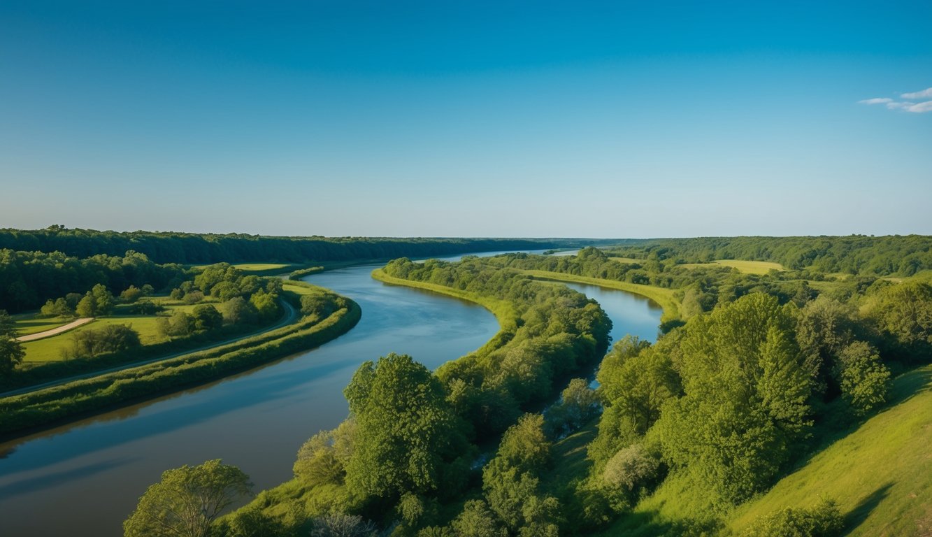 A serene landscape with a winding river, lush greenery, and a clear blue sky, evoking a sense of peace and harmony